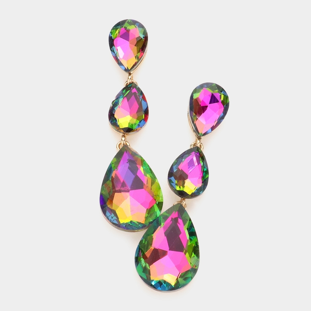 Vitrail Dangle Crystal Earrings 2.75 Inch Triple Tear Drop Jewelry
